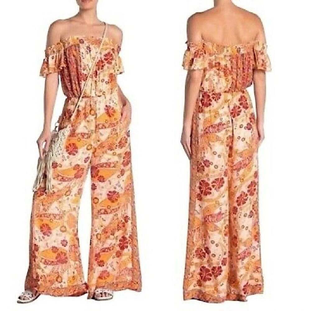 Free People Carmen Size Medium Golden Gate Boho Off Shoulder Paisley Jumpsuit